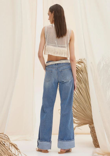 Crop Top with Fringes Natural